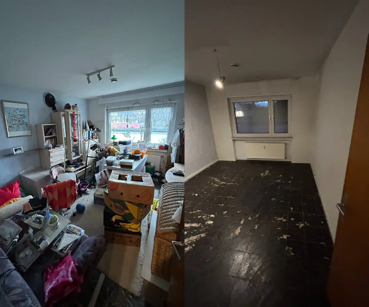 Vorher und nachher: ein voll gestelltes Zimmer und derselbe Raum nach der Entrümpelung